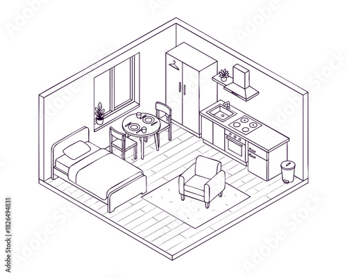 Isometric-Style Studio Room for a Single Person — Line Art Illustration