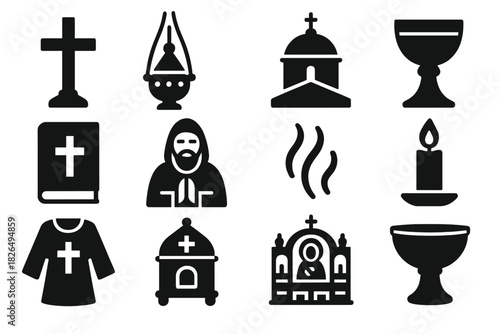Byzantine Religious Icons. Solid style icons of Byzantine religion: altar cross, censer, church dome, chalice, gospel book,