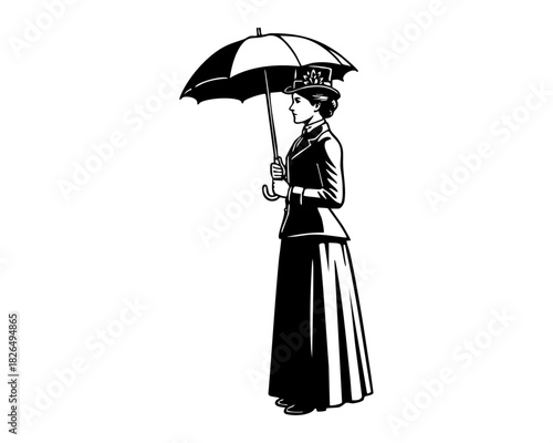 Victorian-Era British Lady Holding an Umbrella — Black and White Line Art Illustration