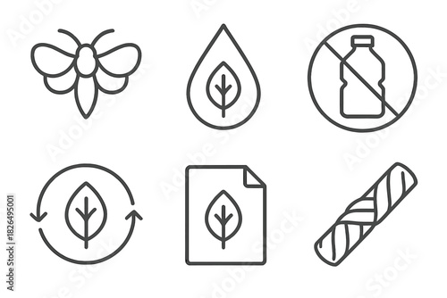 Bio-Based Material Icons. Line style icons of bio-based materials: synthetic silk icon, bio-resin droplet, plastic alternative