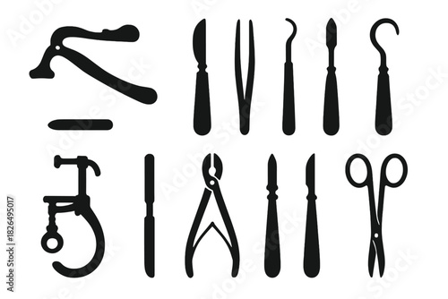 Antique Dental Tools Icons. Solid style icons of Antique Dental Tools: Pelican Extractor, Scalpel, Tweezers, Probe, Scraper, Clamp