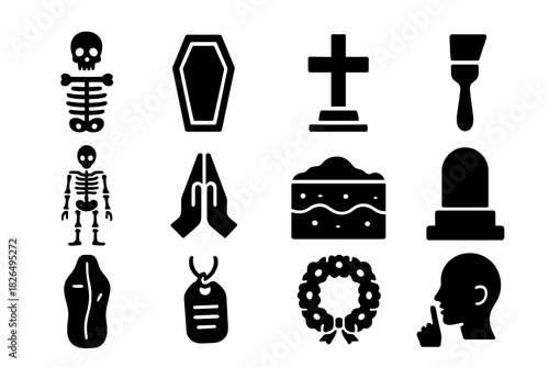 War Grave Icons. Solid style icons of war grave excavation: human remains, coffin outline, memorial cross, excavation brush,