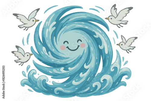 Joyful Hurricane Whirl. Hurricane dance with swirling cheerful waves, eye of the storm smiling, and birds flying in playful