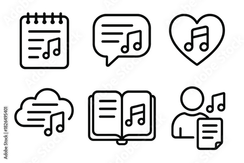 Lyric Therapy Icons. Line style icons of lyric-based music therapy: lyric writing pad, song analysis bubble, favorite verse icon,
