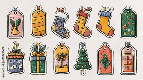Hand-drawn Christmas Gift Tags and Holiday Labels Collection for Festive Celebration, Winter Season and New Year Decoration
