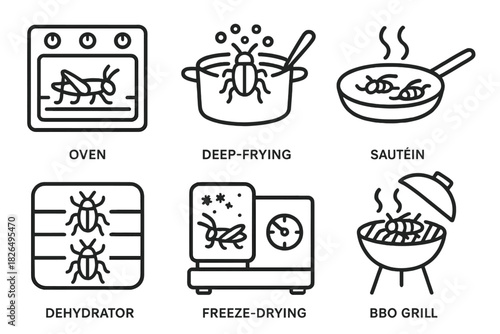 Insect Cooking Icons. Line style icons of insect cooking methods: oven roasting, deep frying, sautéing bugs, dehydrator symbol,