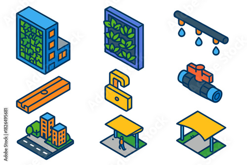 Eco Construction Set. Isometric vector illustration set Eco construction – modular green façade, plant pocket panel, drip tube