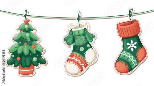 Festive Christmas decorations: cute tree and two stockings hanging on a string with clips, isolated holiday illustration