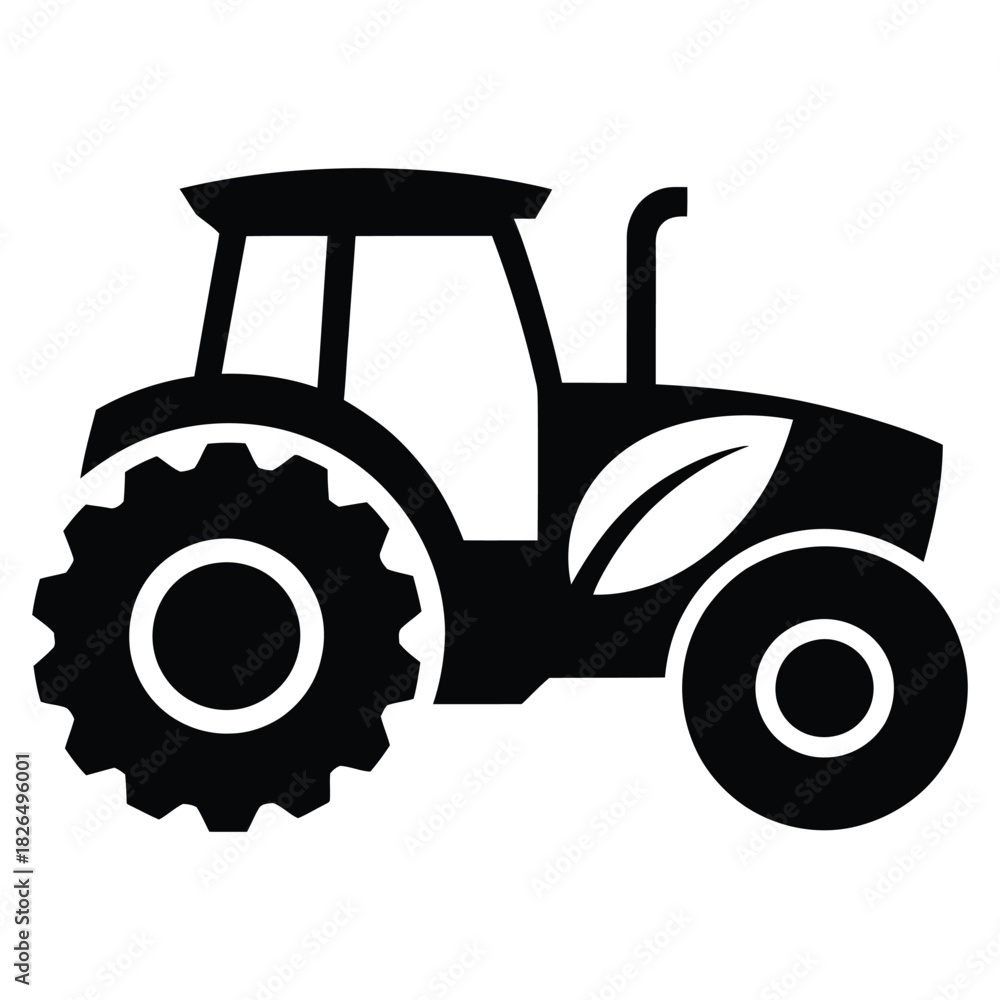 Obraz premium Black tractor with leaf logo isolated on white background, symbolizing sustainable agriculture and ecofriendly farming practices