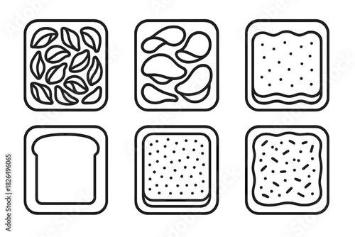 Edible Meal Tray Icons. Line style icons of edible meal trays: pasta shell tray, potato crisp tray, cornmeal base tray, cereal
