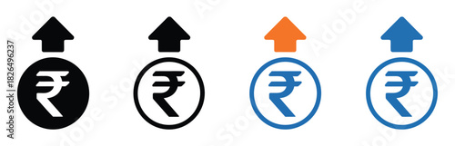 Cost increase vector icons, rupee increase symbols, upward trend arrows, financial growth indicators