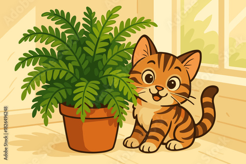 Kitten Behind Fern. Playful vector illustration tabby kitten hiding behind a potted fern, illuminated by soft natural light,