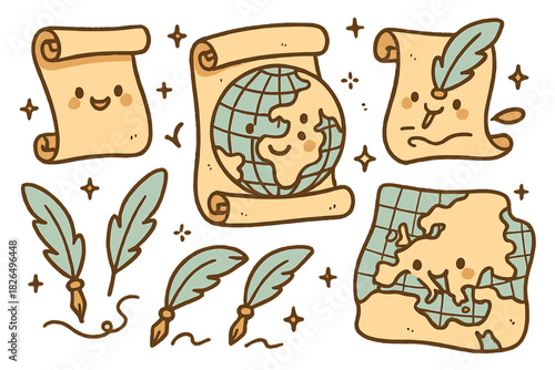 Cheerful Ancient Maps. Cute doodle Ptolemy's Geographia with cheerful ancient scrolls, cartoon quills writing, smiling maps with