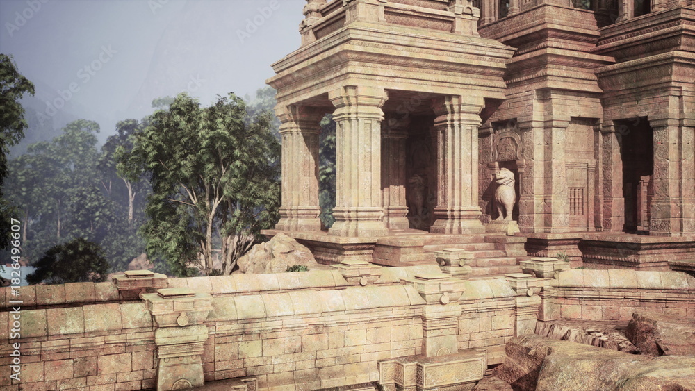 Fototapeta premium In a tranquil landscape, an ancient temple stands weathered yet majestic. Stone columns rise against a backdrop of vibrant trees, inviting exploration and wonder, as calm waters reflect its beauty.