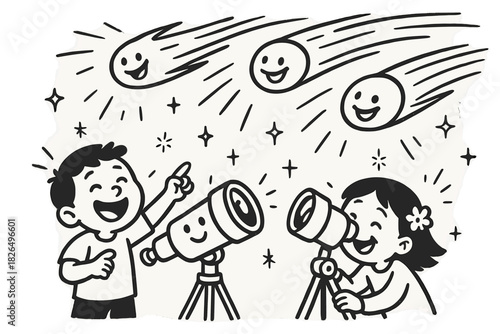 Joyful Comet Flyby. Joyful doodle comet flyby scene with happy observers, cartoon comets streaking, smiling telescopes, and tiny