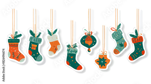 Collection of festive Christmas stockings and holiday ornaments hanging. Cute winter season decorations for celebration and design.