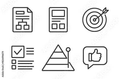 Microlearning Course Icons. Line style icons of microlearning course design: content breakdown icon, storyboard card,