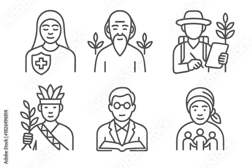 Ethnobotany Icon Set. Line style icons of key figures in ethnobotany: traditional healer badge, plant elder icon, field