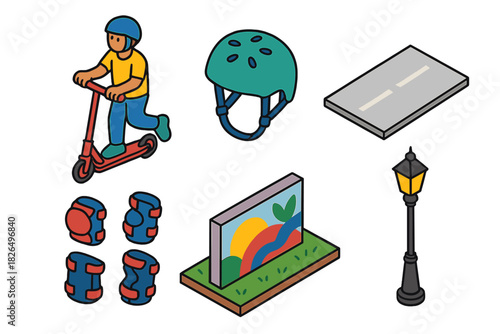 Park Activities Illustration. Isometric vector illustration set Park activities – scooter ride, kick scooter, helmet; knee pads,