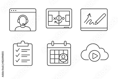 Remote Coaching Icons. Line style icons of remote coaching sessions: video call window with headset, shared tactical board,