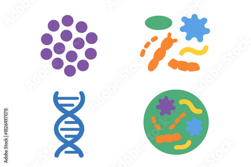 Gut Microbiome Icons. Solid style icons of gut microbiome diversity: bacterial cluster, different microbe shapes, DNA swirl. Flora