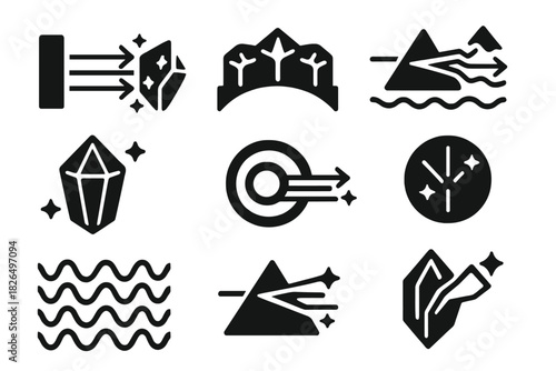 Crystal Data Transfer Icons. Solid style icons of crystal-based data transfer: light beam tunnels, photon bridges, reflective