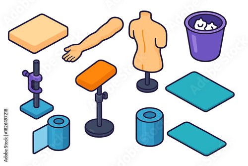 Tattoo Equipment Icons. Isometric vector illustration set Tattoo equipment – practice foam block, arm model, back model; clamp