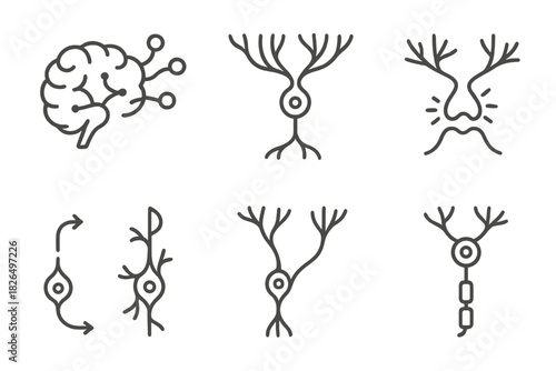 Neural Network Expansion. Line style icons of brain growth and rewiring: expanding neural network, growing dendrites, strengthened