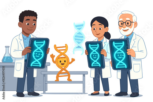 Futuristic DNA Lab. Medicine future lab with glowing DNA tablets, friendly doctors, and genes waving as they get adjusted for