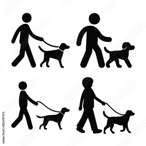 People walking with dogs, some on leash, some without a leash