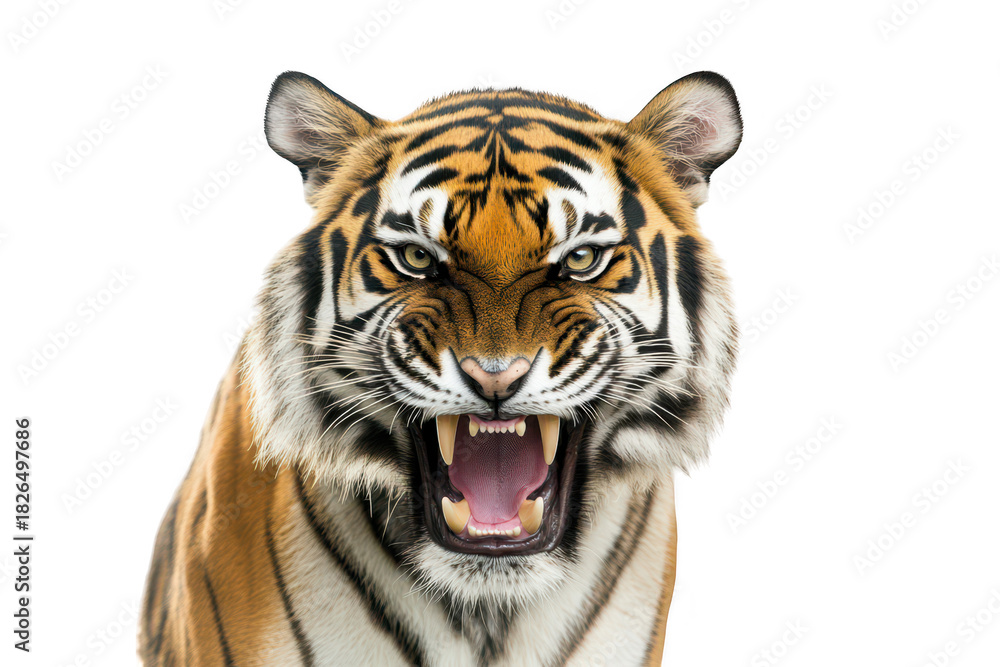 Obraz premium A fierce tiger with bared teeth and intense gaze. its powerful presence against a stark white background. symbolizing strength and nature?s beauty. ideal for wildlife photography