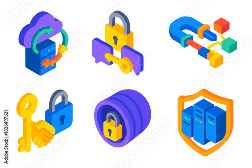 Data Security Icons. Isometric vector illustration set Data privacy – cloud backup sync, end-to-end encryption, data pipeline; key