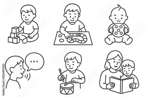 Childhood Development Icons. Line style icons of childhood neuroplasticity development: play-based learning, educational game