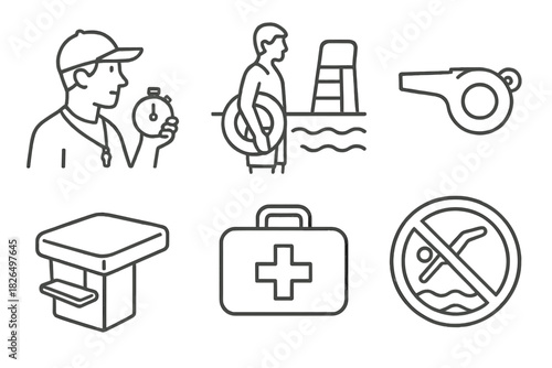 Diving Safety Icons. Line style icons of diving safety and support: coach with stopwatch, lifeguard at poolside, safety whistle