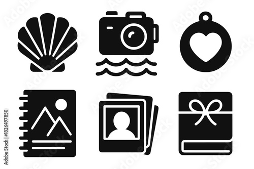 Souvenir Icons Collection. Solid style icons of souvenir and memory capture: glow shell glyph, waterproof notebook icon, log badge