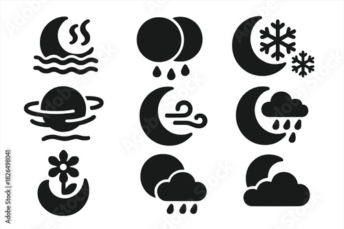 Moons' Weather Icons. Solid style icons of weather cycles on moons: tidal mist, eclipse rain, shadow frost. Synchronous fog belts,