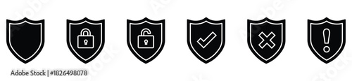 Shield outline icon collection in clean minimal style for security apps, web UI, and digital protection visuals.