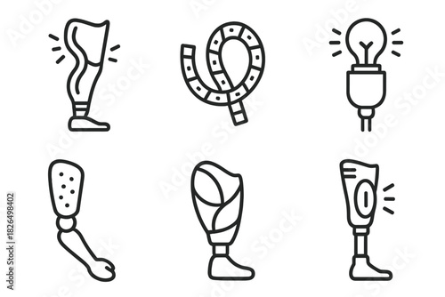 Glowing Prosthetics Icons. Line style icons of prosthetics with lighting elements: glowing limb line art, LED strip outline,
