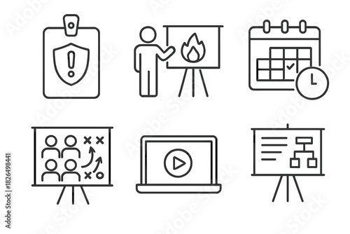 Crisis Drill Icons. Line style icons of crisis drills and training: simulation badge, emergency rehearsal icon, drill schedule