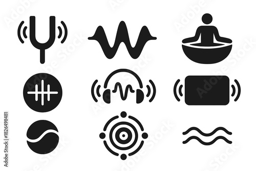 Sound Therapy Icons. Solid style icons of vibration and sound therapy: tuning fork glyph, frequency wave icon, sound bath ring.