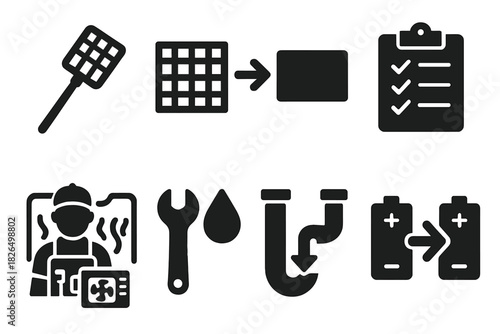 Maintenance Tool Icons. Solid style icons of maintenance tools and tasks: net cleaning brush, filter swap icon, tool belt with
