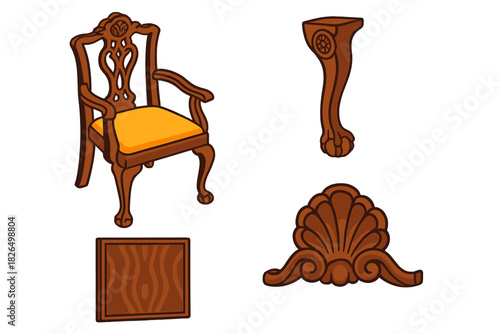 Antique Furniture Icons. Isometric vector illustration set Antique furniture – Chippendale armchair, cabriole leg, ball-and-claw
