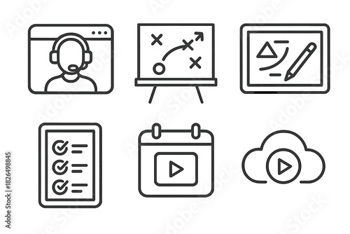 Remote Coaching Icons. Line style icons of remote coaching sessions: video call window with headset, shared tactical board,