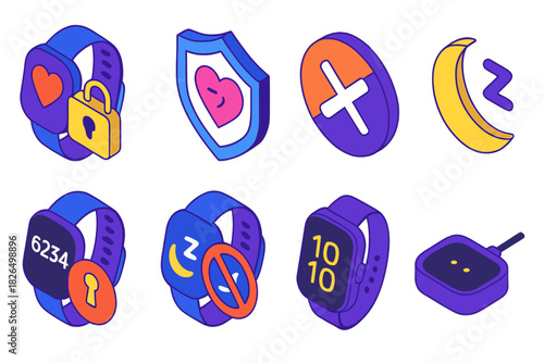 Fitness Privacy Icons. Isometric vector illustration set Data privacy – wearable fitness tracker with lock, health data shield,