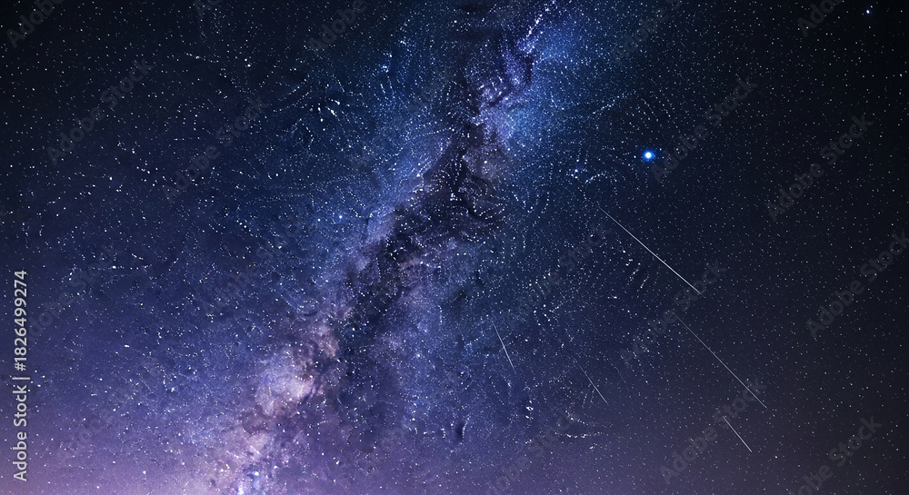 Fototapeta premium Wide shot of a starry night sky with the Milky Way galaxy visible, representing vastness, exploration, and cosmic wonder, perfect for astronomical theme