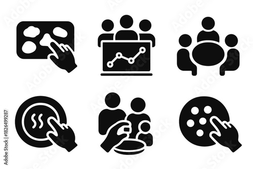 Tactile Tasting Icons. Solid style icons of social tactile tasting: shared texture tray, group feedback graph, tasting circle icon