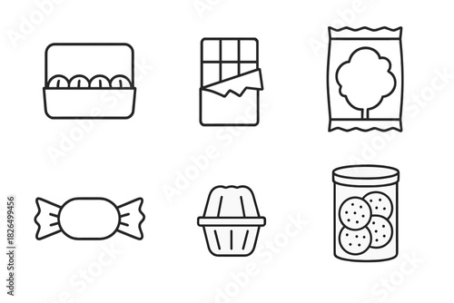 Dessert Packaging Icons. Line style icons of dessert packaging alternatives: candy shell box, chocolate wrap, cotton candy pouch,