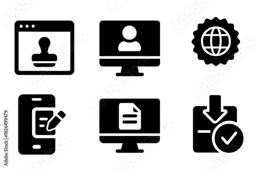 Government Visa Icon Set. Solid style icons of government visa portals: website with stamp icon, dashboard login screen, public