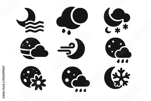 Moons' Weather Icons. Solid style icons of weather cycles on moons: tidal mist, eclipse rain, shadow frost. Synchronous fog belts,