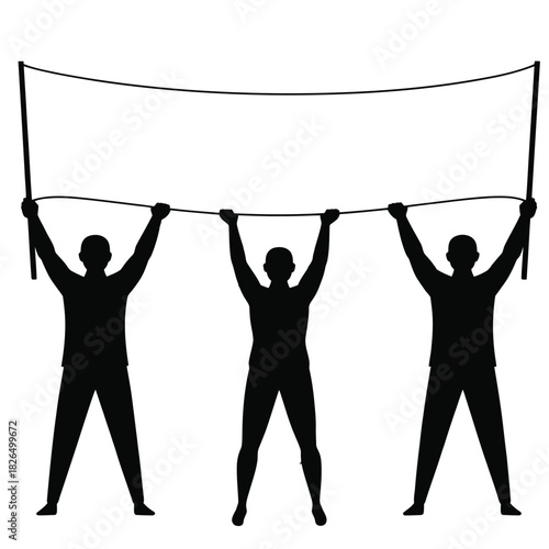 Three people holding a blank banner isolated on white background, perfect for adding your own text or design